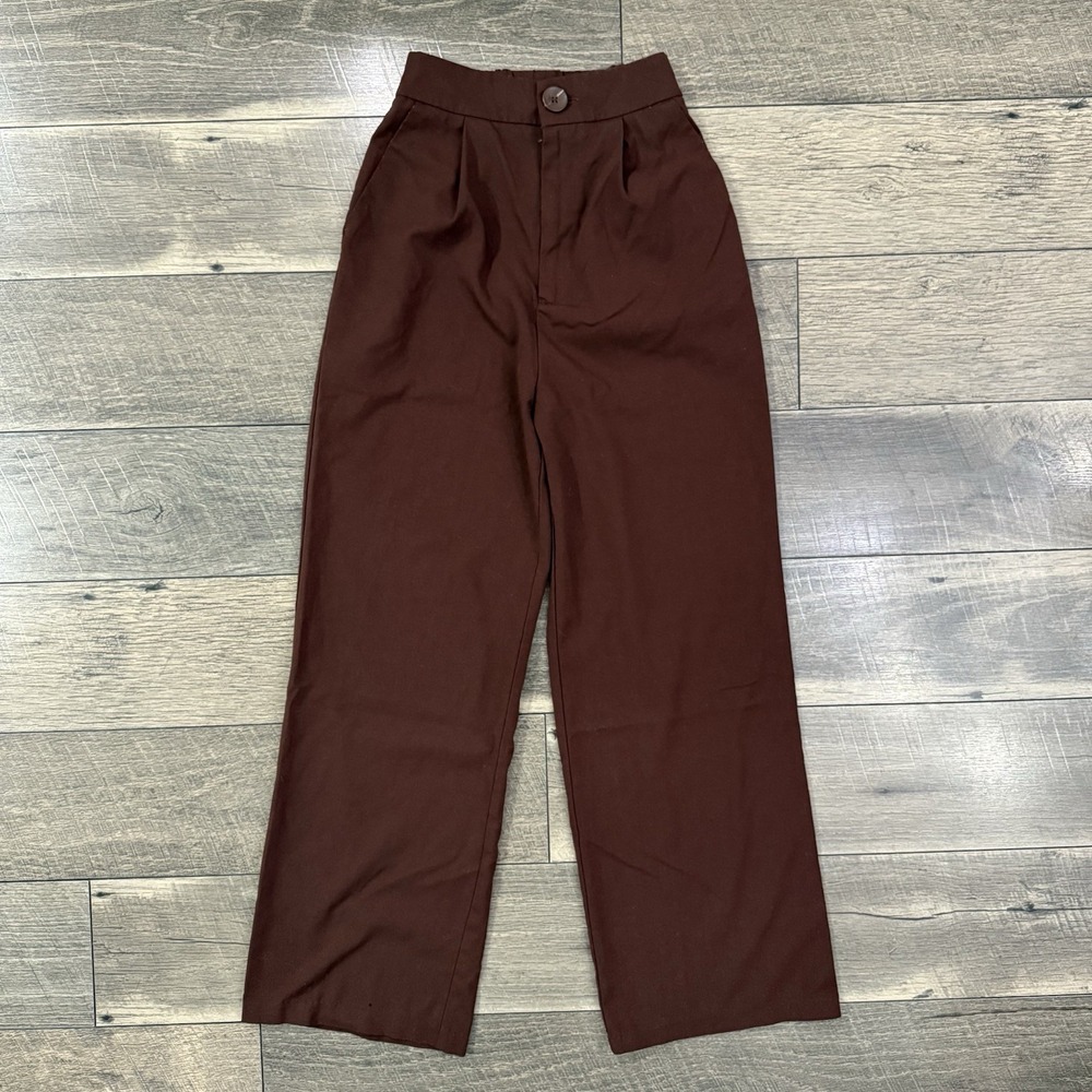 Stradivarius Dress Pants Brown High Waisted Wide Leg Sz 0 Womens XS Classy Chic